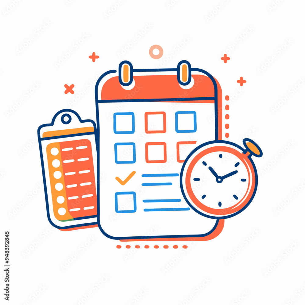 Time Tracking and Task Management Concept, Calendar and Stopwatch Illustration in Orange and Blue Time Tracking and Task Management Concept, Calendar and Stopwatch Illustration in Orange and Blue