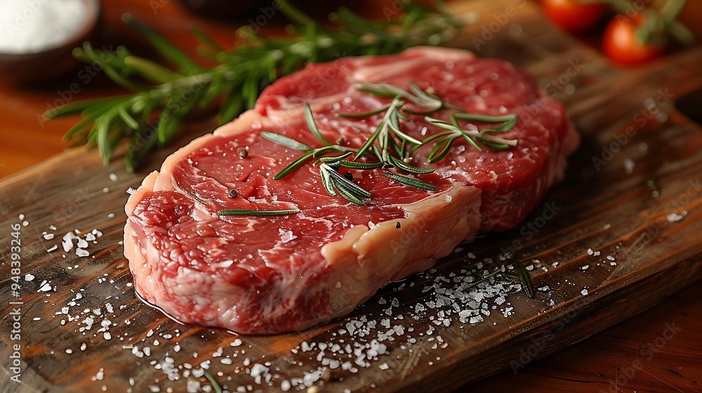 A raw ribeye steak placed on a rustic wooden wooden board, surrounded by fresh rosemary, thyme sprigs, and coarse sea salt, soft natural light creating gentle shadows, A raw ribeye steak placed on a rustic wooden wooden board, surrounded by fresh rosemary, thyme sprigs, and coarse sea salt, soft natural light creating gentle shadows,