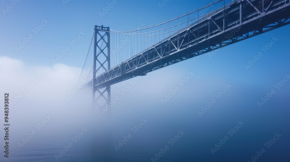 Bay Bridge East Span and Low Fog: Suspension Bridge Over Bay with Blue Sky and Water Bay Bridge East Span and Low Fog: Suspension Bridge Over Bay with Blue Sky and Water