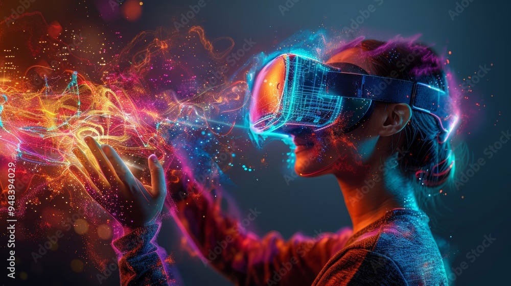 A woman experiences virtual reality in a colorful light-filled environment while interacting with digital elements A woman experiences virtual reality in a colorful light-filled environment while interacting with digital elements