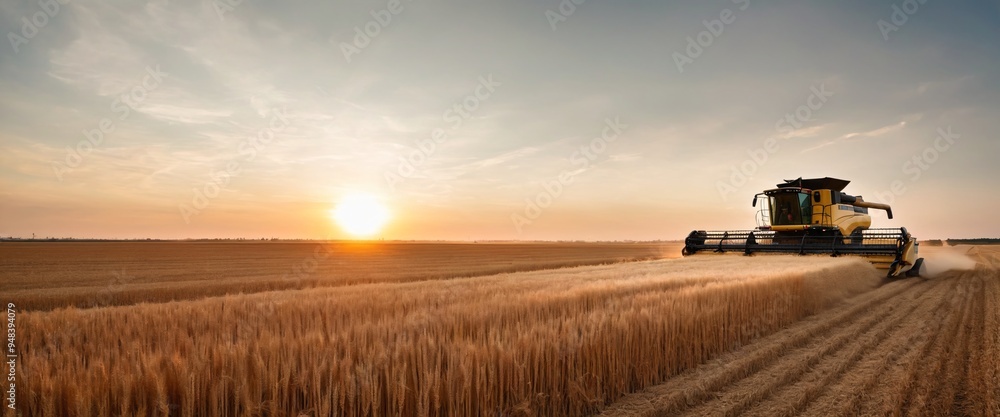 Combine harvester harvests wheat in field.