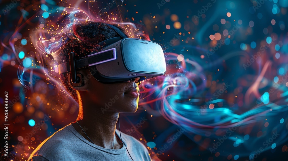 A young person experiences virtual reality in an immersive environment filled with colorful lights and swirling patterns at dusk A young person experiences virtual reality in an immersive environment filled with colorful lights and swirling patterns at dusk