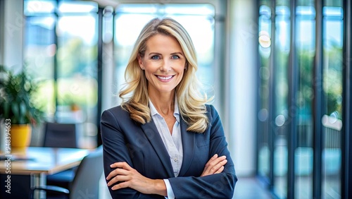 Confident businesswoman smiling directly at camera with relaxed posture and gentle gaze, showcasing approachability and professionalism in a modern office setting.