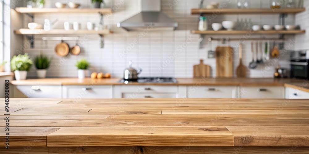 Wood tabletop on blurred kitchen counter background perfect for product displays Wood tabletop on blurred kitchen counter background perfect for product displays