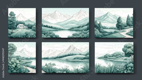 Set of wedding invitation with watercolor aquarelle landscape mountain background