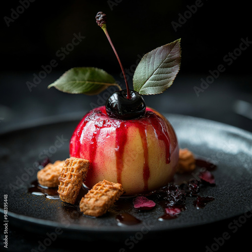 Baked Bramley apple with amaretto biscuits and black cherry on dark background photo