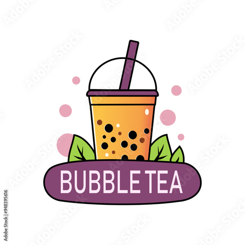 Bubble tea logo vector illustration template. Emblem of fresh milk boba with white background
