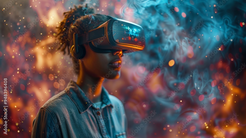 A young person wearing virtual reality goggles explores a vibrant, colorful environment amidst swirling smoke in an immersive experience A young person wearing virtual reality goggles explores a vibrant, colorful environment amidst swirling smoke in an immersive experience