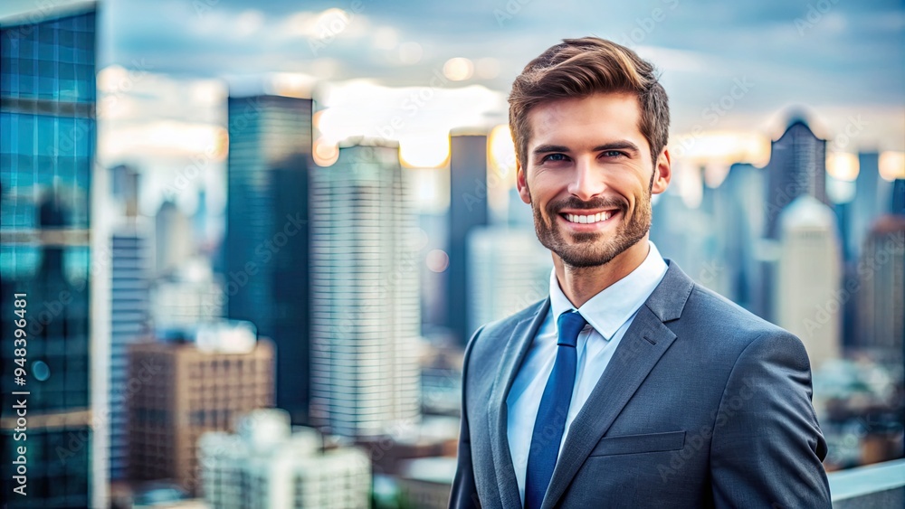 Confident young professional smiling in front of a blurred cityscape, showcasing a strong and ambitious persona with a sense of urban sophistication and success. Confident young professional smiling in front of a blurred cityscape, showcasing a strong and ambitious persona with a sense of urban sophistication and success.