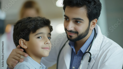 Arab doctor comforting a young patient during an examination in a clinic,