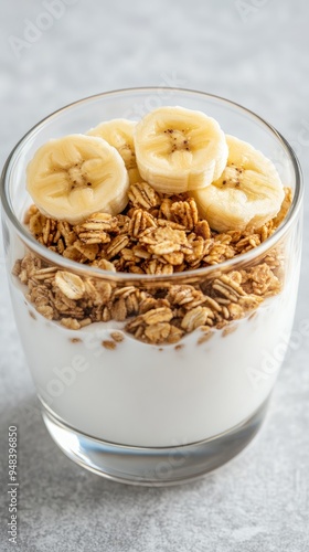 A rhythmic arrangement of layered banana and granola sundaes in glass jars creates a delightful display on a light concrete surface, ideal for text placement