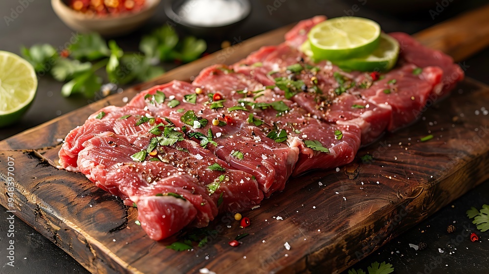A raw skirt steak on a rustic wooden wooden board, garnished with sliced limes, chili flakes, and fresh cilantro, warm golden hour lighting creating rich highlights, soft shadows, detailed textures. A raw skirt steak on a rustic wooden wooden board, garnished with sliced limes, chili flakes, and fresh cilantro, warm golden hour lighting creating rich highlights, soft shadows, detailed textures.
