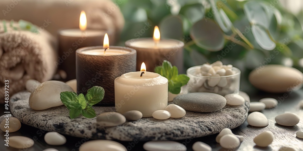 Beauty spa treatment with candles,massage stones,towels,aromatherapy Beauty spa treatment with candles,massage stones,towels,aromatherapy