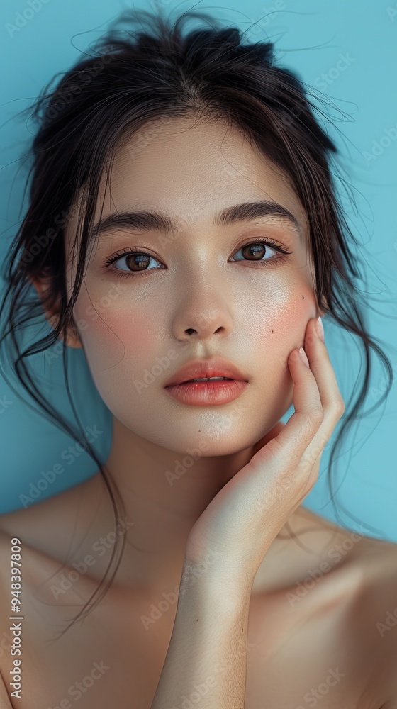 Naklejka premium Serene Asian Woman Portrait on Light Blue Background with Hand Touching Face in Natural Light
