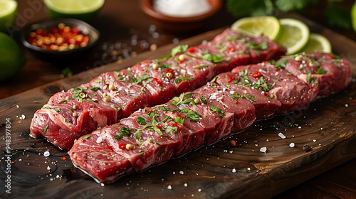 A raw skirt steak on a weathered wooden board, surrounded by sliced limes, chili flakes, and fresh cilantro, soft natural light from the side, vibrant colors, rich textures,