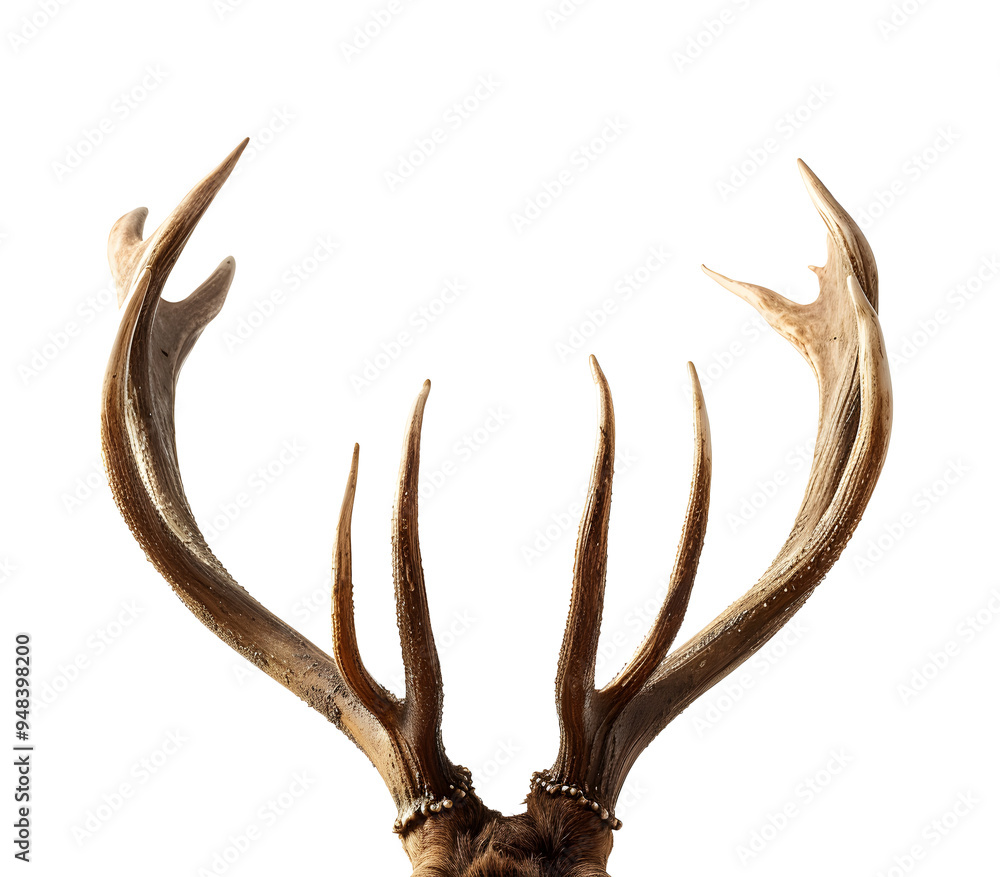 A close-up of a deer's antlers against a black background. A close-up of a deer's antlers against a black background.