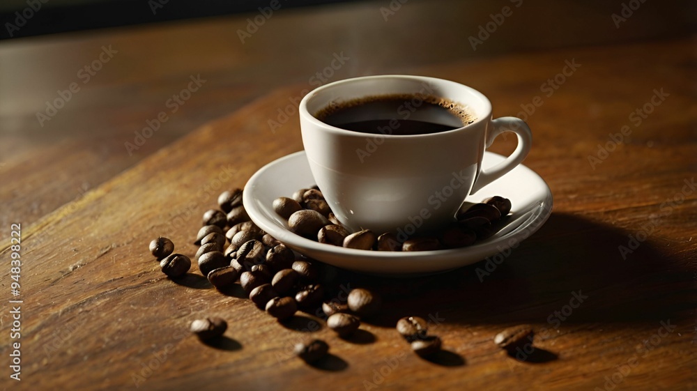 Obraz premium Steaming Cup of Freshly Brewed Coffee Surrounded by Roasted Coffee Beans on a Rustic Wooden Table