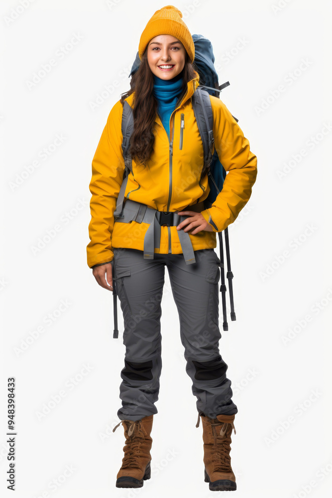 Friendly female mountaineer in outdoor gear ready for a hike Friendly female mountaineer in outdoor gear ready for a hike