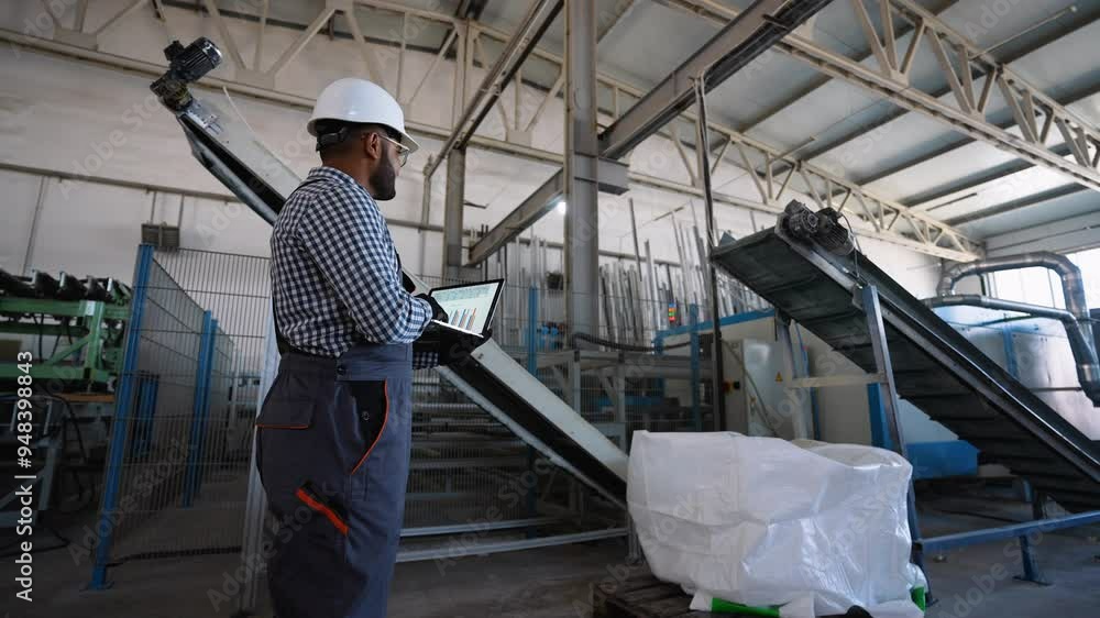 Indian Engineer With Laptop On PVC Windows Factory Analyzes The Production Process Indian Engineer With Laptop On PVC Windows Factory Analyzes The Production Process