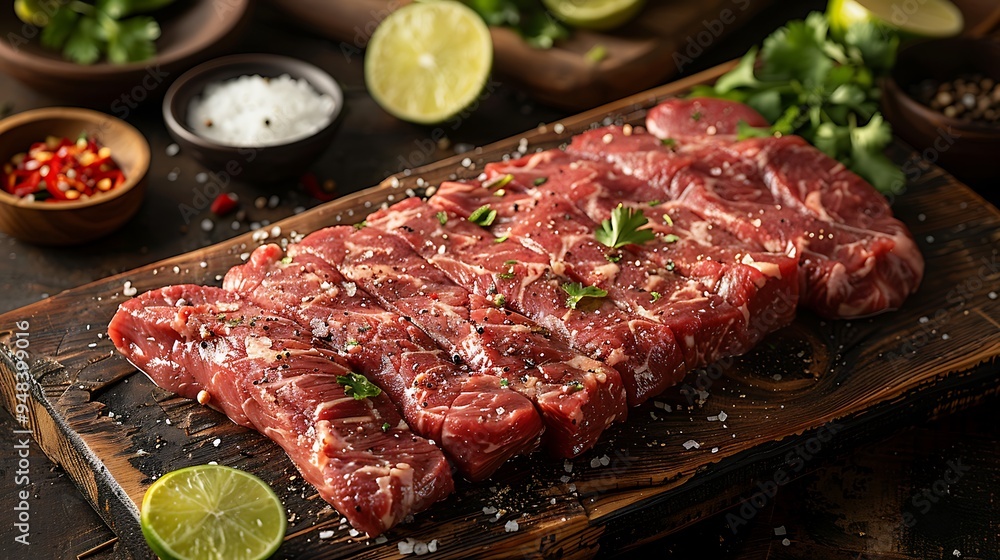 A raw skirt steak with intricate marbling, placed on a weathered wooden board, surrounded by chili flakes, fresh cilantro, and lime slices, natural light enhancing the textures and colors, A raw skirt steak with intricate marbling, placed on a weathered wooden board, surrounded by chili flakes, fresh cilantro, and lime slices, natural light enhancing the textures and colors,