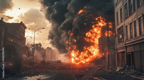 Fototapeta Naklejka Na Ścianę i Meble -  Burning buildings in the city with fire and smoke from the burning structures