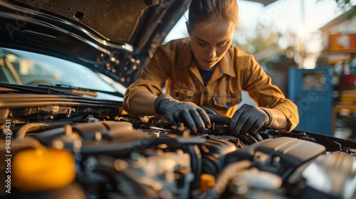 Automobile technician working diligently on engine repair during late afternoon at an auto shop