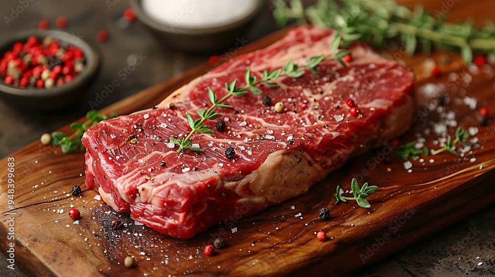 A raw T-bone steak on a rustic wooden wooden board, garnished with fresh thyme sprigs, sea salt, and black peppercorns, diffused natural light from the side, subtle shadows, rich colors, A raw T-bone steak on a rustic wooden wooden board, garnished with fresh thyme sprigs, sea salt, and black peppercorns, diffused natural light from the side, subtle shadows, rich colors,