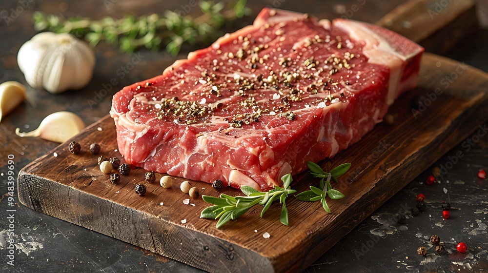 Obraz premium A raw T-bone steak on a rustic wooden wooden board, garnished with peppercorns, garlic cloves, and a sprig of fresh thyme, warm golden hour lighting creating rich highlights, soft shadows,