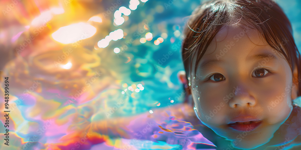 Child Swimming in RainbowReflection Pool with Sunlight Glow Child Swimming in RainbowReflection Pool with Sunlight Glow