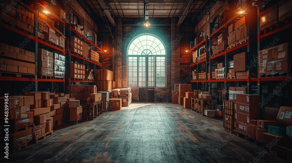 Spacious warehouse interior filled with stacked boxes and sunlight streaming through large windows in an industrial setting Spacious warehouse interior filled with stacked boxes and sunlight streaming through large windows in an industrial setting