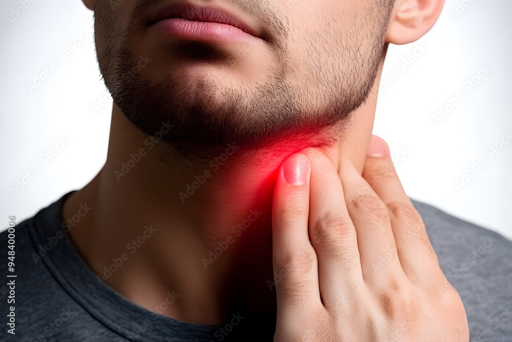 Close up Young man having sore throat and touching his neck
