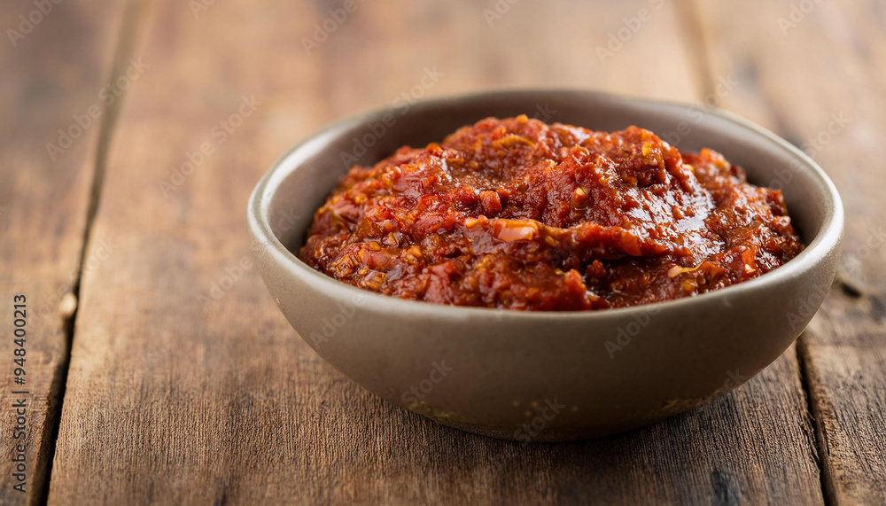 Bowl of sambal paste on wooden background. Food and spice concept. Bowl of sambal paste on wooden background. Food and spice concept.