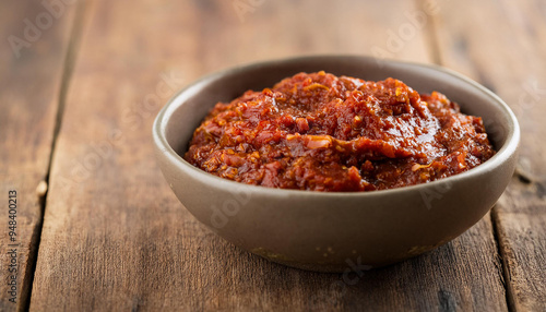 Bowl of sambal paste on wooden background. Food and spice concept.