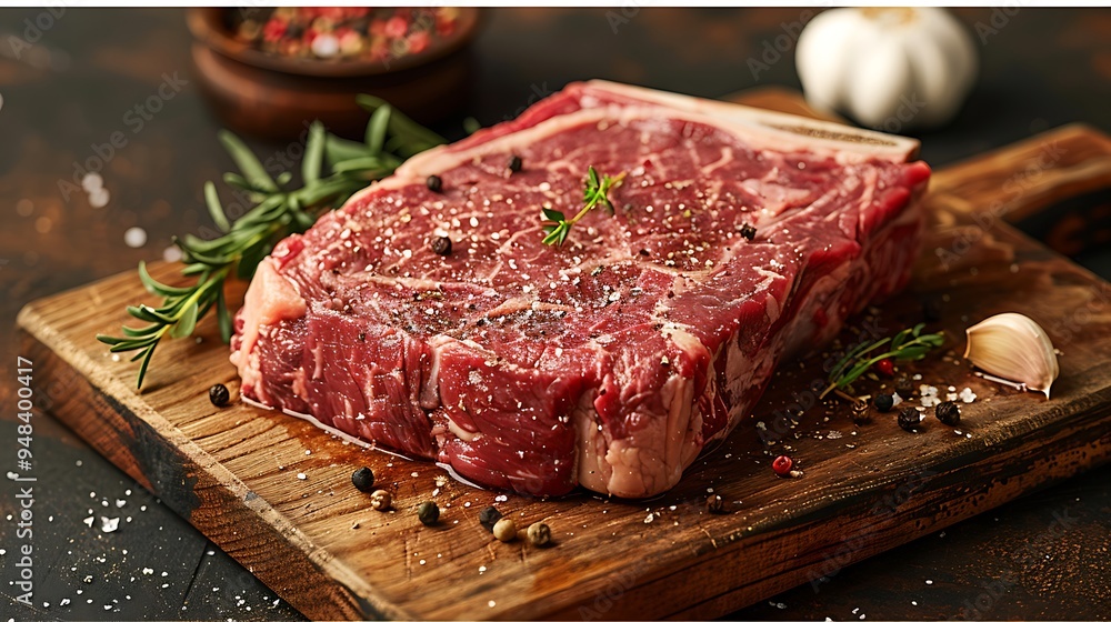 A raw T-bone steak on a wooden wooden board, garnished with scattered peppercorns, garlic cloves, and a sprig of thyme, warm golden hour light casting soft shadows, rich, warm tones, A raw T-bone steak on a wooden wooden board, garnished with scattered peppercorns, garlic cloves, and a sprig of thyme, warm golden hour light casting soft shadows, rich, warm tones,