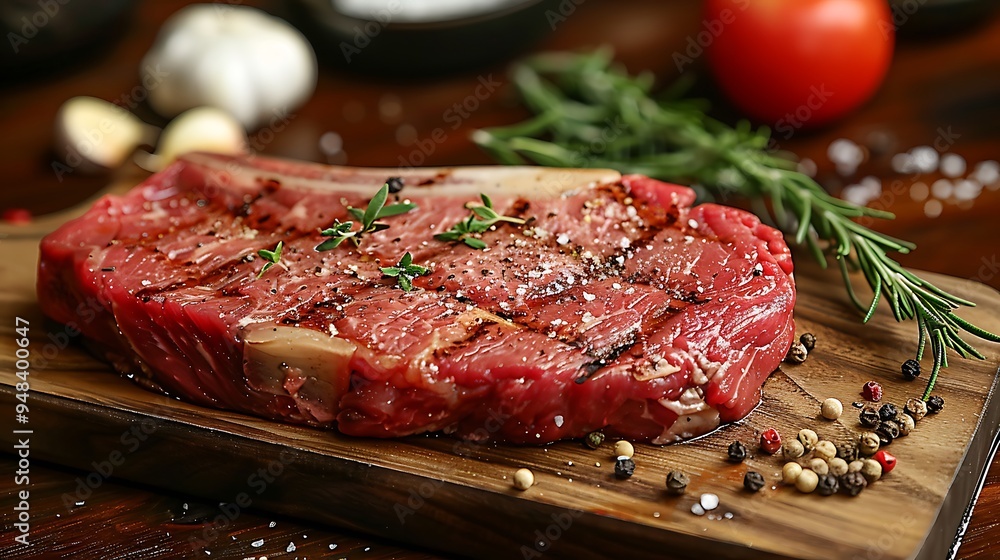 A raw T-bone steak on a wooden wooden board, garnished with scattered peppercorns, garlic cloves, and a sprig of thyme, warm golden hour light casting soft shadows, rich, warm tones, A raw T-bone steak on a wooden wooden board, garnished with scattered peppercorns, garlic cloves, and a sprig of thyme, warm golden hour light casting soft shadows, rich, warm tones,