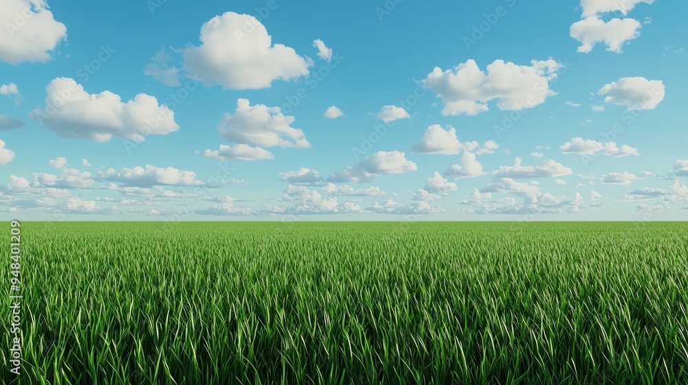 Organic rice field, lush green paddies and blue sky, 3D illustration Organic rice field, lush green paddies and blue sky, 3D illustration