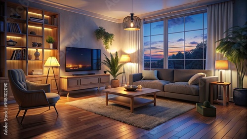 Wallpaper Mural Cozy living room scene at night, illuminated only by the soft glow of a flat-screen television, surrounded by comfortable furniture and dimmed lamp lighting. Torontodigital.ca