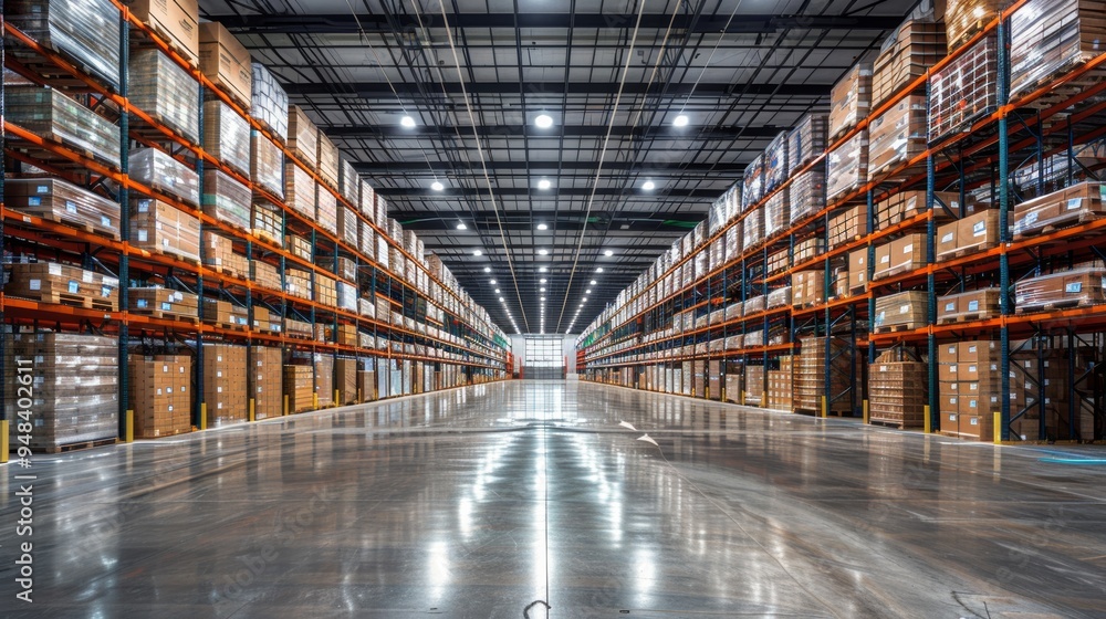 Fototapeta premium Large warehouse interior filled with stacked boxes and shelves under bright overhead lights