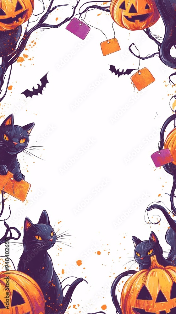 Frame featuring a Halloween pattern of glowing pumpkins swirling black cats and colorful tags in rich orange and purple Frame featuring a Halloween pattern of glowing pumpkins swirling black cats and colorful tags in rich orange and purple