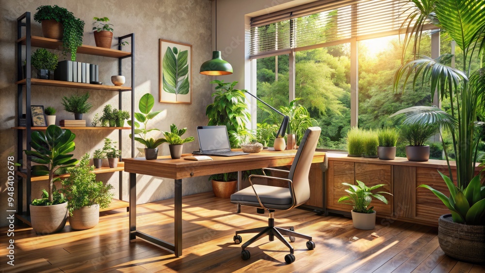 Cozy modern home office with sleek wooden desk, ergonomic chair, and vintage decor accents surrounded by lush green plants and warm natural sunlight. Cozy modern home office with sleek wooden desk, ergonomic chair, and vintage decor accents surrounded by lush green plants and warm natural sunlight.