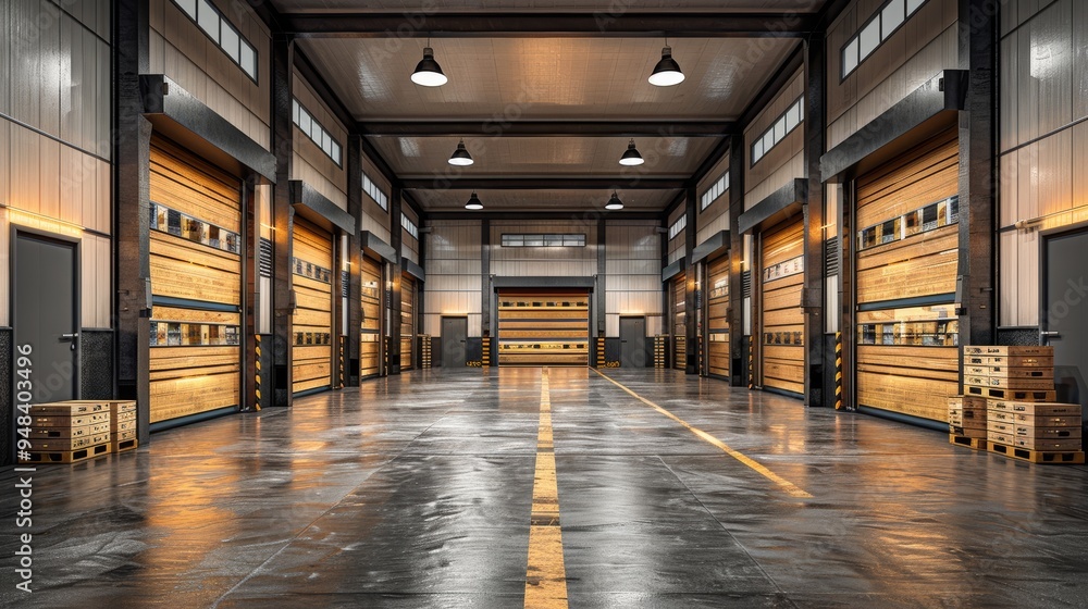 Fototapeta premium Modern industrial warehouse interior with polished concrete floor and organized storage spaces in the daytime
