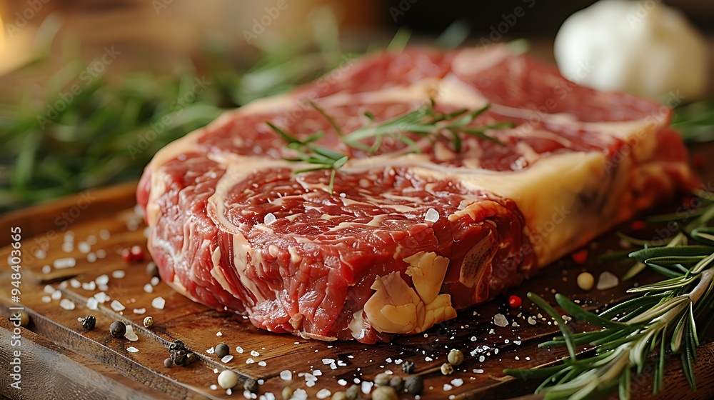 Obraz premium Close-up of a raw ribeye steak on a rustic wooden board, surrounded by fresh rosemary and garlic, detailed marbling, soft natural light, textures of wood and meat emphasized, earthy tones,