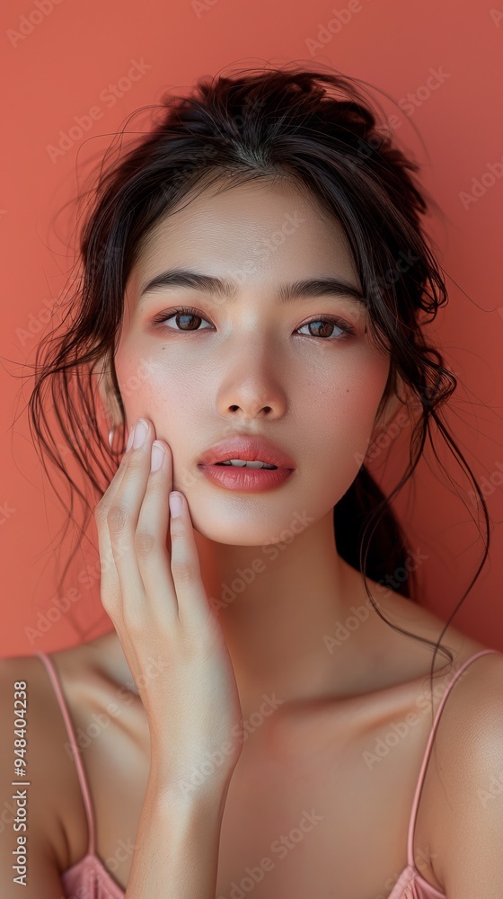 Naklejka premium Serene Asian Beauty: Woman in Inquisitive Pose on Coral Background with Natural Light, Hand Touching Face