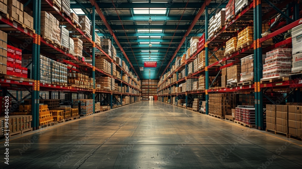 Fototapeta premium A spacious warehouse filled with neatly stacked boxes and shelves, illuminated by overhead lights during daylight hours