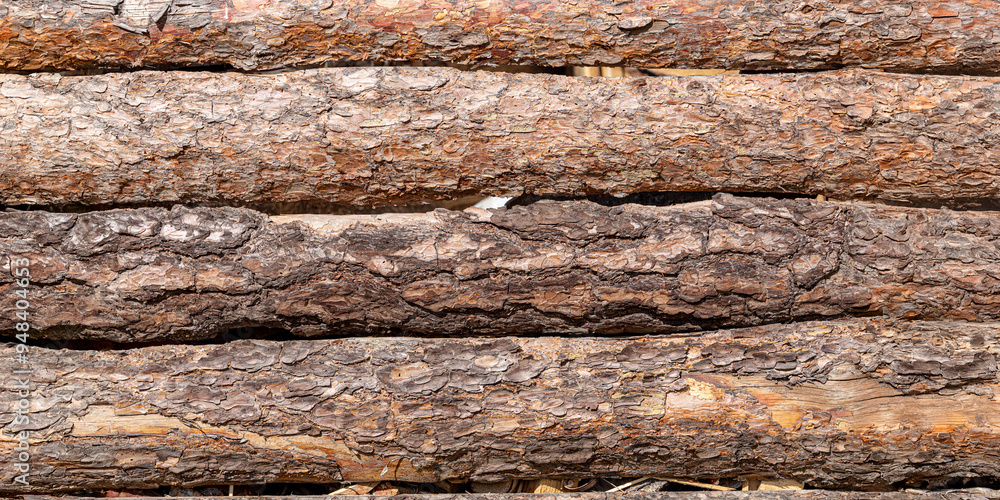 Texture of a row of coniferous logs with bark. Clipart, banner, background, illustration, postcard for advertising fuel resource for household, timber production, logging, Texture of a row of coniferous logs with bark. Clipart, banner, background, illustration, postcard for advertising fuel resource for household, timber production, logging,