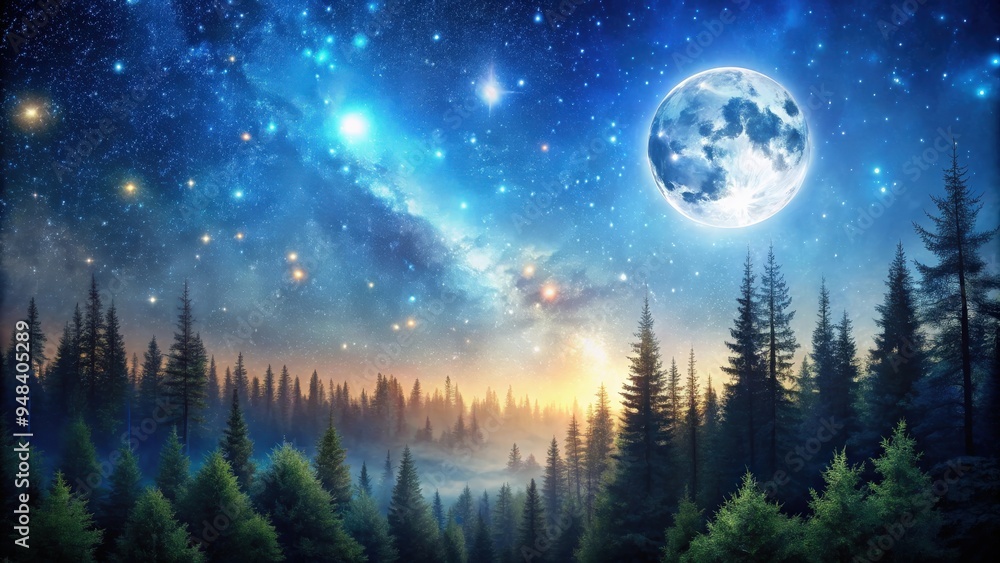 Naklejka premium Starry night landscape with dense forest, bright moon, and twinkling stars