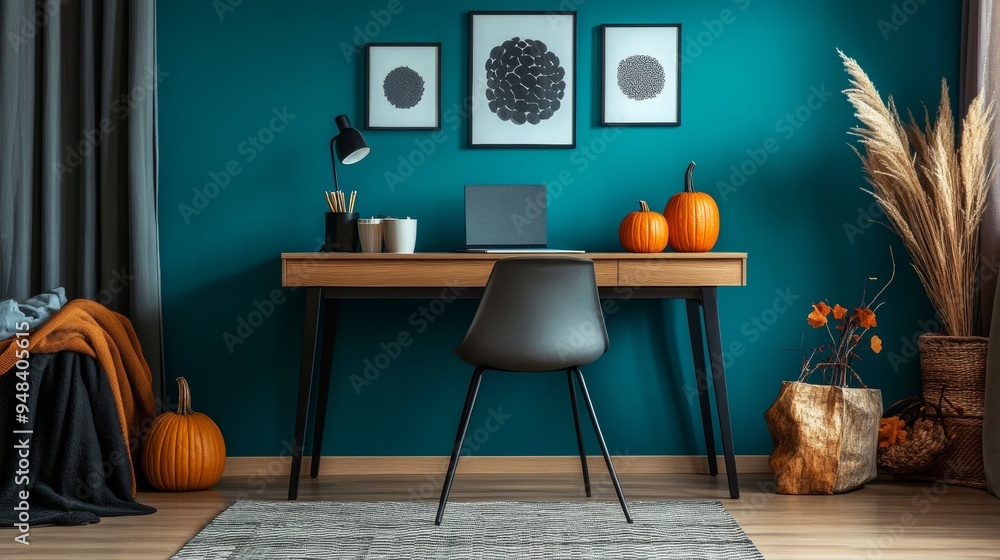 Fototapeta premium A desk with a laptop and a chair in front of a blue wall