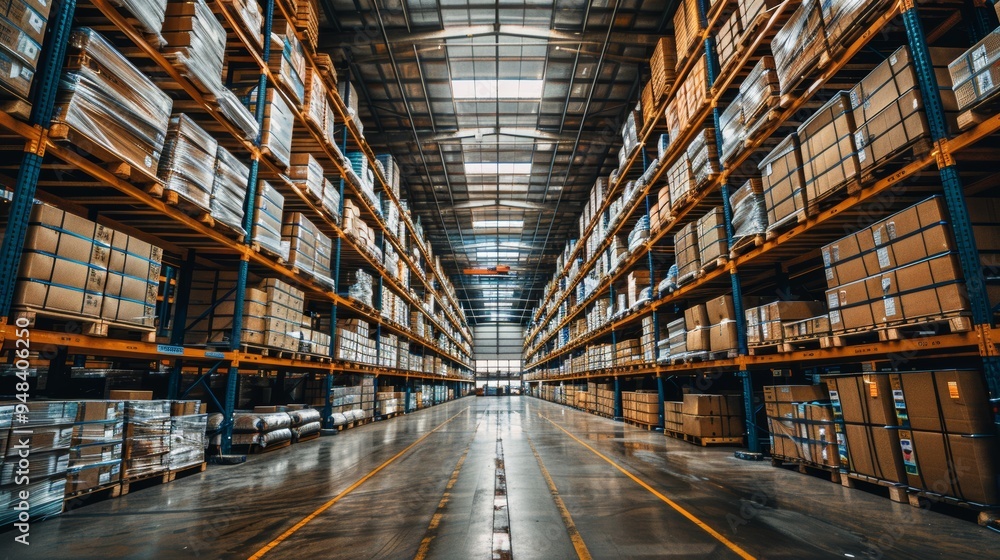 A vast, organized warehouse filled with neatly stacked boxes under bright overhead lighting during daytime operations A vast, organized warehouse filled with neatly stacked boxes under bright overhead lighting during daytime operations