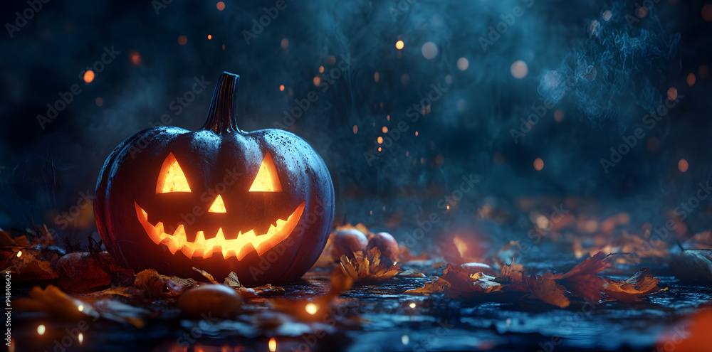 Naklejka premium Halloween evening scene with pumpkins Jack O Lantern with evil face on dark background