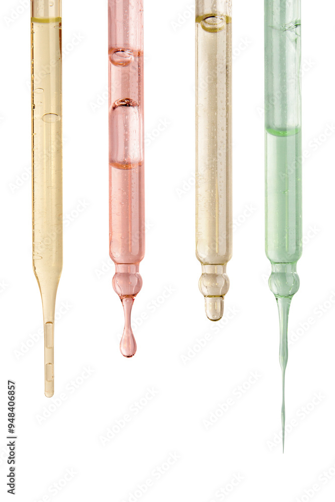 Set of Cosmetic pipettes with liquid dripping. On a blank background. Natural cosmetics, gold, acids, extract, serum, serum. Set of Cosmetic pipettes with liquid dripping. On a blank background. Natural cosmetics, gold, acids, extract, serum, serum.